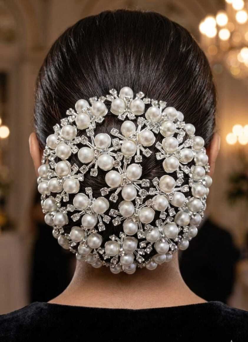 Bridal Silver Stone Pearl Juda Hair Bun Cover for Women Wedding & party Bun-image-35