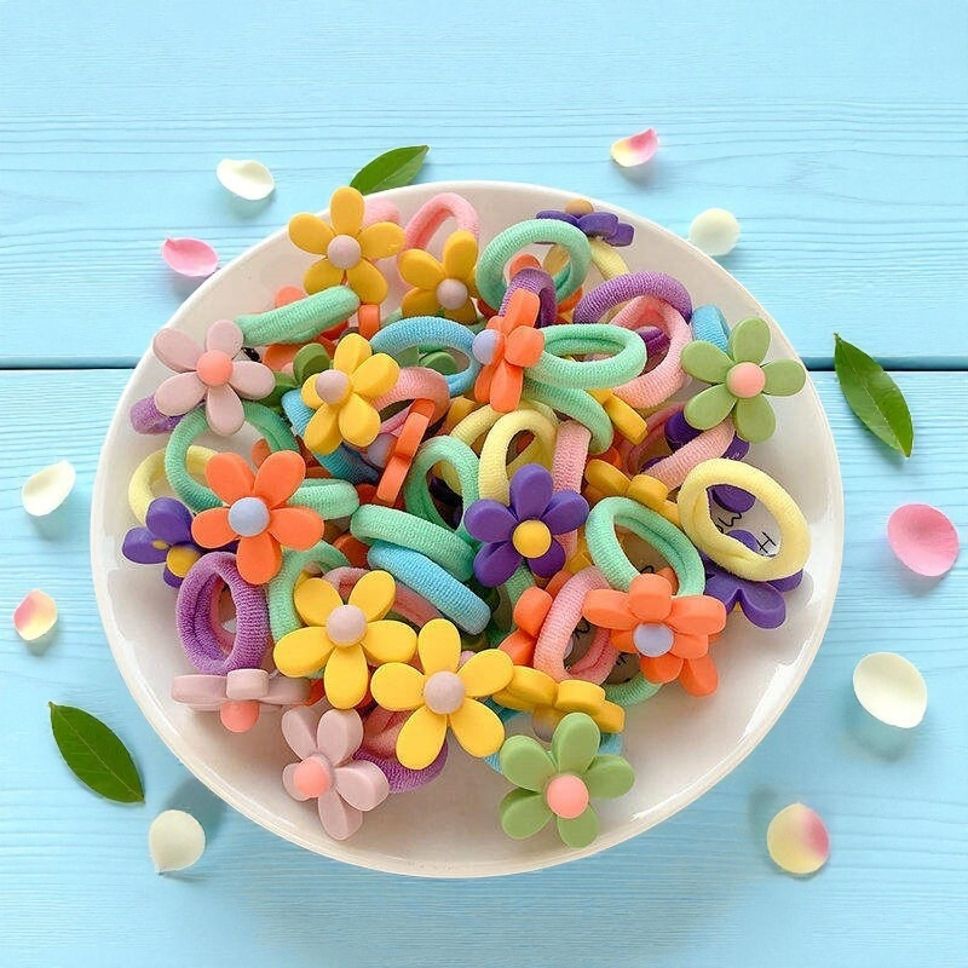 6 Pairs Colorful Flower Design Elastic Hair Bands Rubber Band-image-4