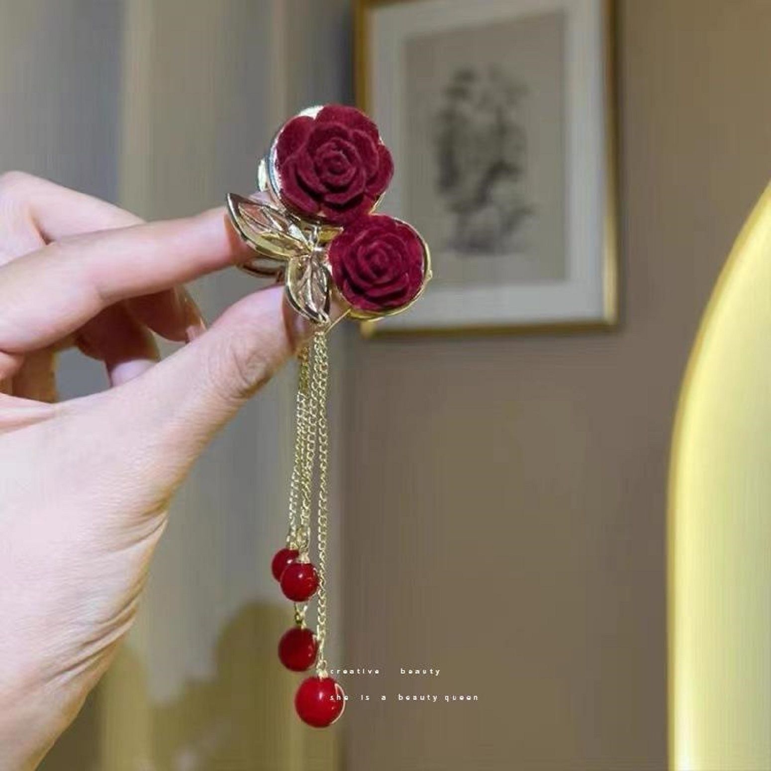 1 Korean Rose Flower Girls Bows Hair Accessory Pearl Tassel Flowers Cherry Swan Hair Claw-image-7