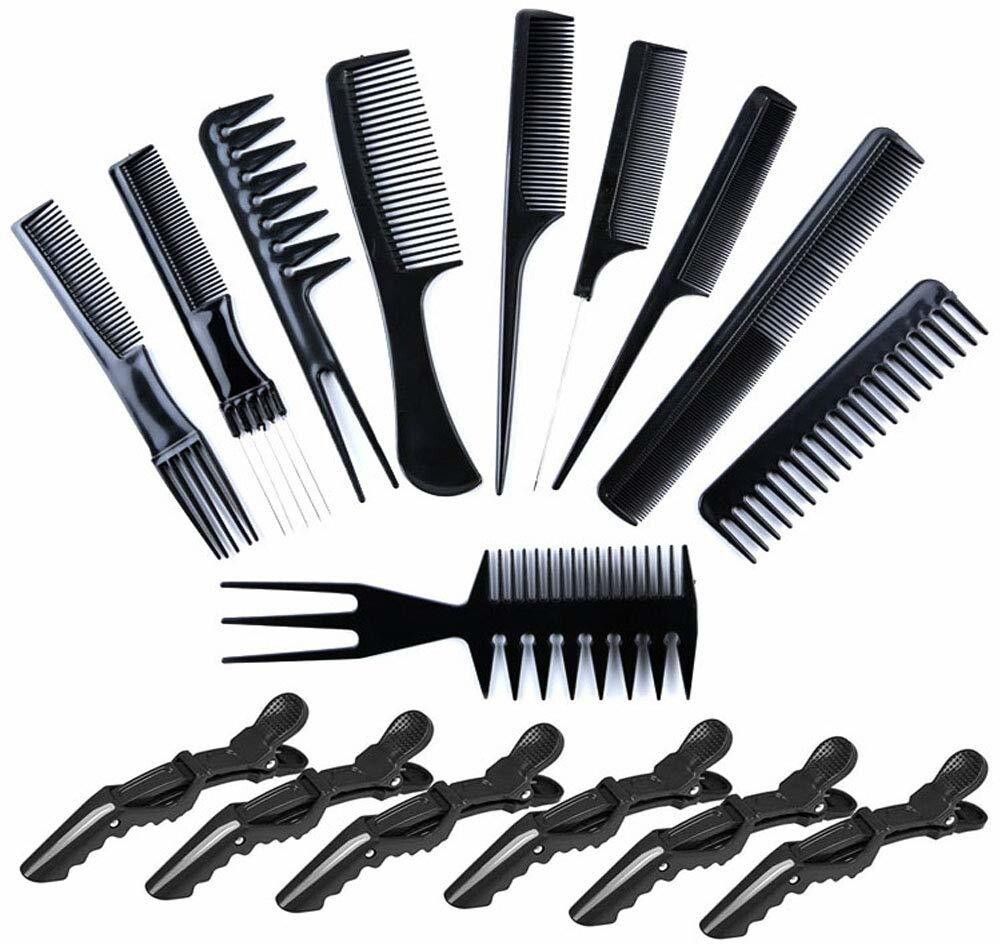 Set of 10 Pcs Multipurpose Salon Hair Styling Hairdressing Barber Combs Professional Comb Kit + omen with Hair Styling Section Clips (6 Pieces )-(Black)-image-47