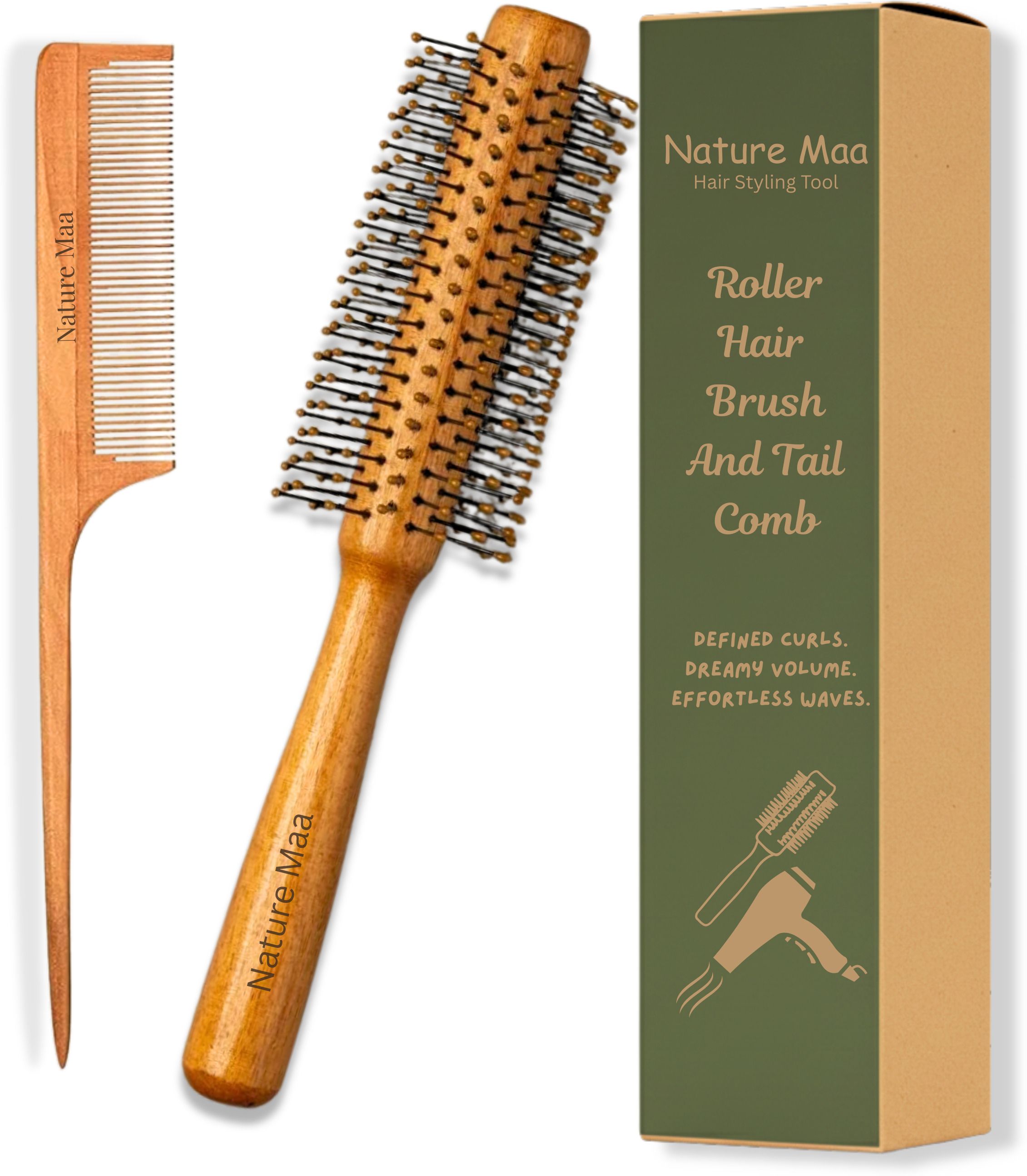 blow dryer round brush roller & tail comb wooden combo for women & men