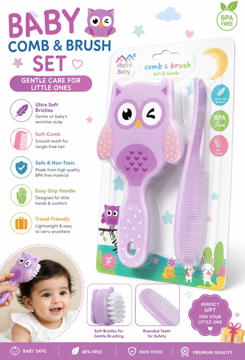 mountainn Baby Hair Brush and Comb Set – Soft Bristle Grooming Kit Purple Comb-picture-10