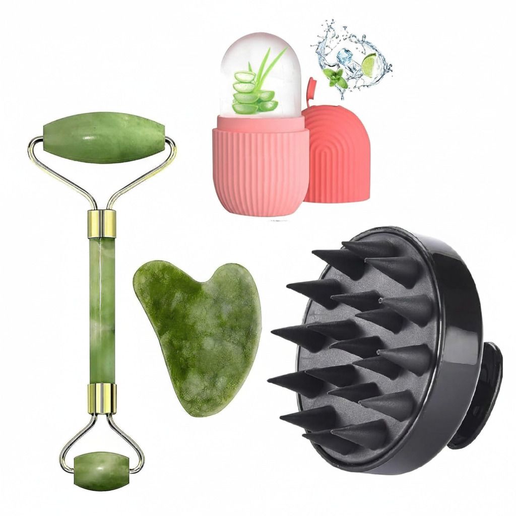 Jade Roller & Gua Sha Stone For Skin Wrinkles & Hair Scalp & Ice Massager (4in1)-image-12