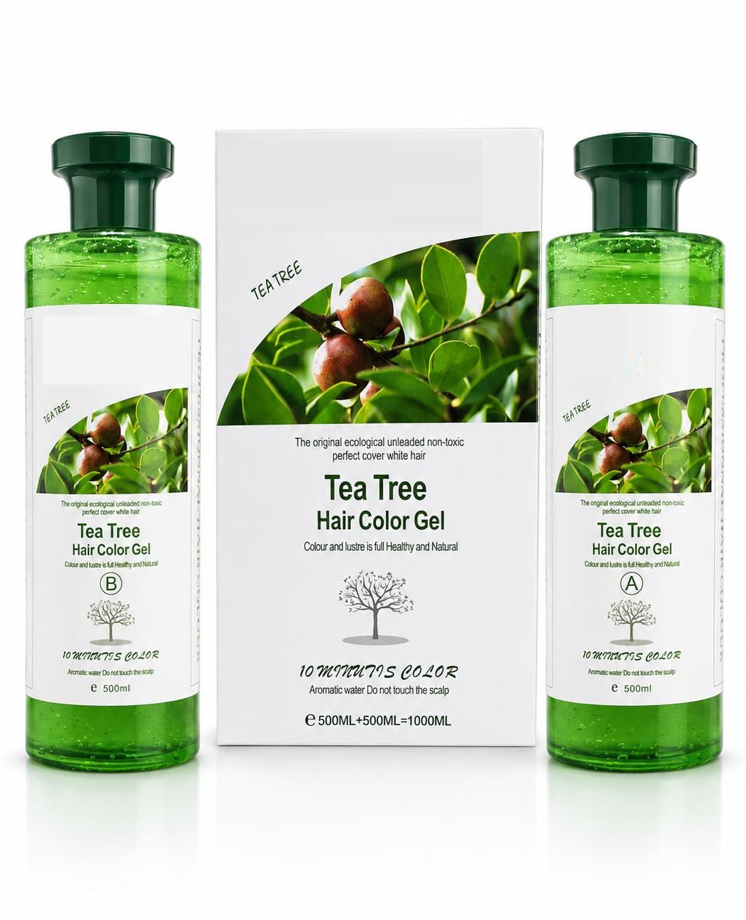 Tea Tree Hair Color Gel 500ml+500ml Natural Black Long Lasting Hair Dye , BLACK-image-36