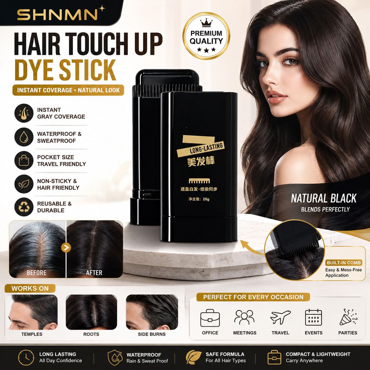 Grey Hair Coverage Stick Instant Hair Color Root Touch Up Black Shade Reusable , Black-image-36