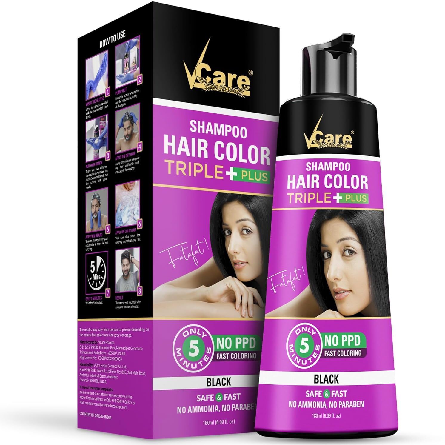 Triple+ Shampoo Hair Color Black 180ml | No Ammonia & Paraben | Hair Colour , (Black, 180ml)-image-47