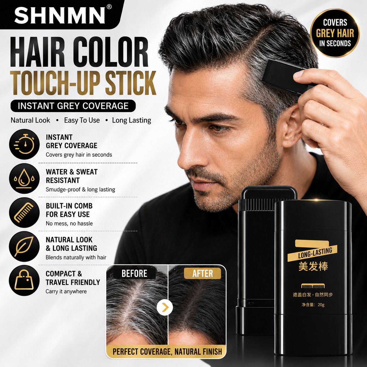 Grey Hair Cover Stick Instant Root Color Touch Up Black Shade Portable , Black-image-20