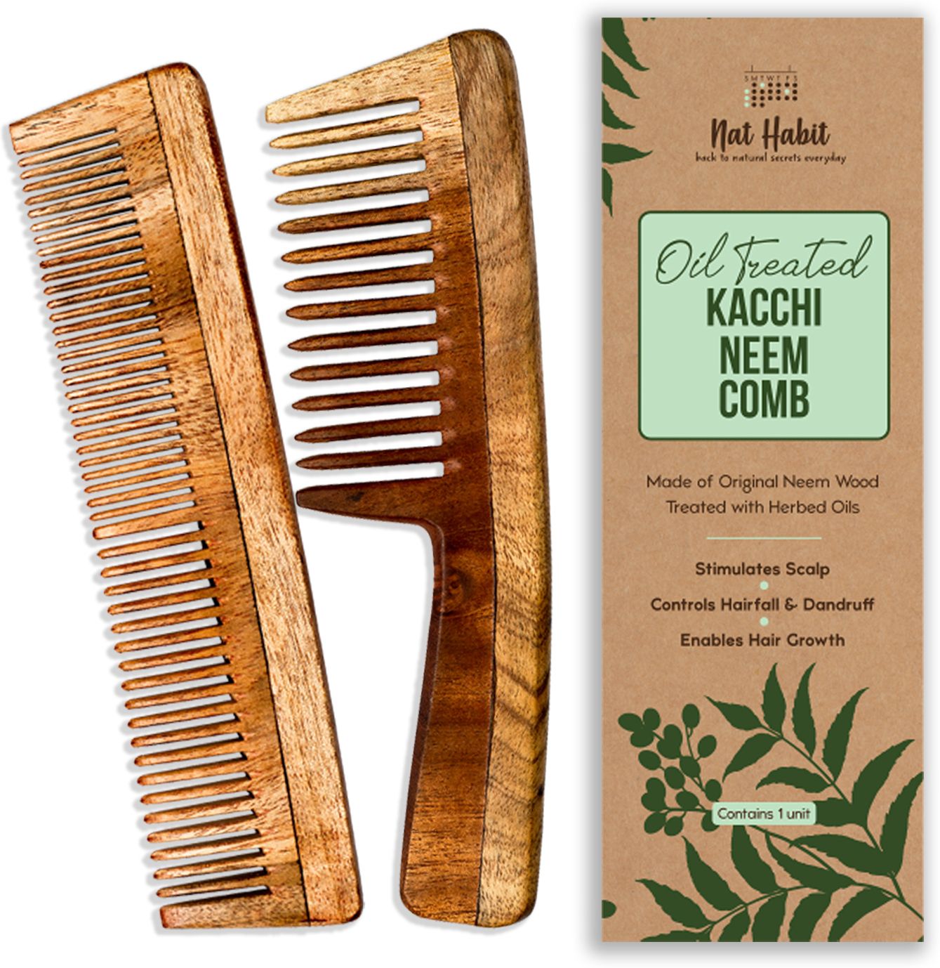nat habit Kacchi Neem Comb, Wooden Comb Hair Growth, Hairfall (Wide + Dual Combo)-picture-2