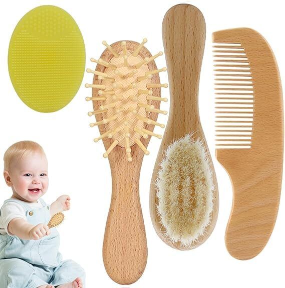 Set of 4 Baby Wooden Comb, Hair Bruch, Shampoo Brush, Face Brush Baby Gift Box-image-3