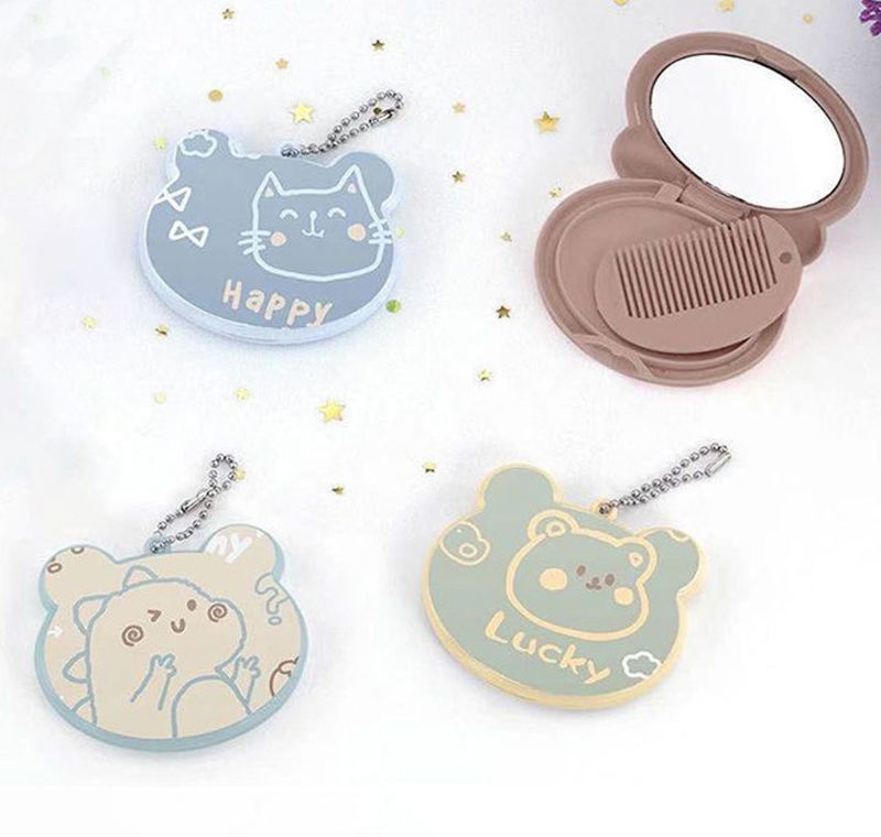 kawaii 4 Pcs Cartoon Mini Comb With Mirror Portable Travel Comb Folding-picture-2