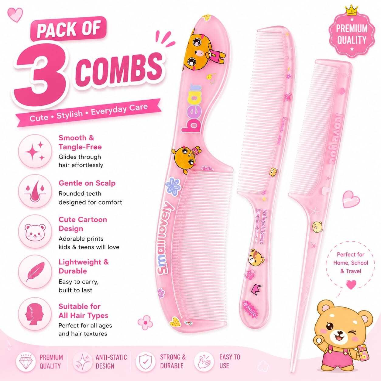 Pack of 3 Cute Cartoon Printed Hair Combs for Girls | Smooth Rounded Teeth-image-5