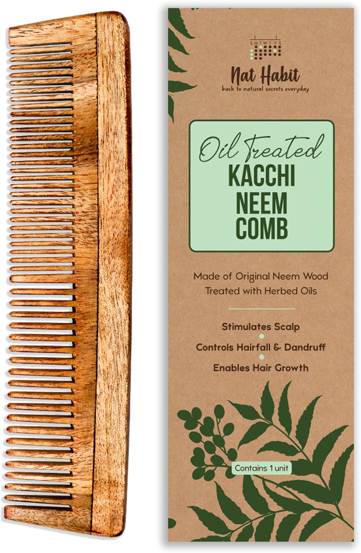 nat habit Dual Tooth Neem Wooden Comb for Women & Men | Anti-Frizz & Dandruff Control-picture-1
