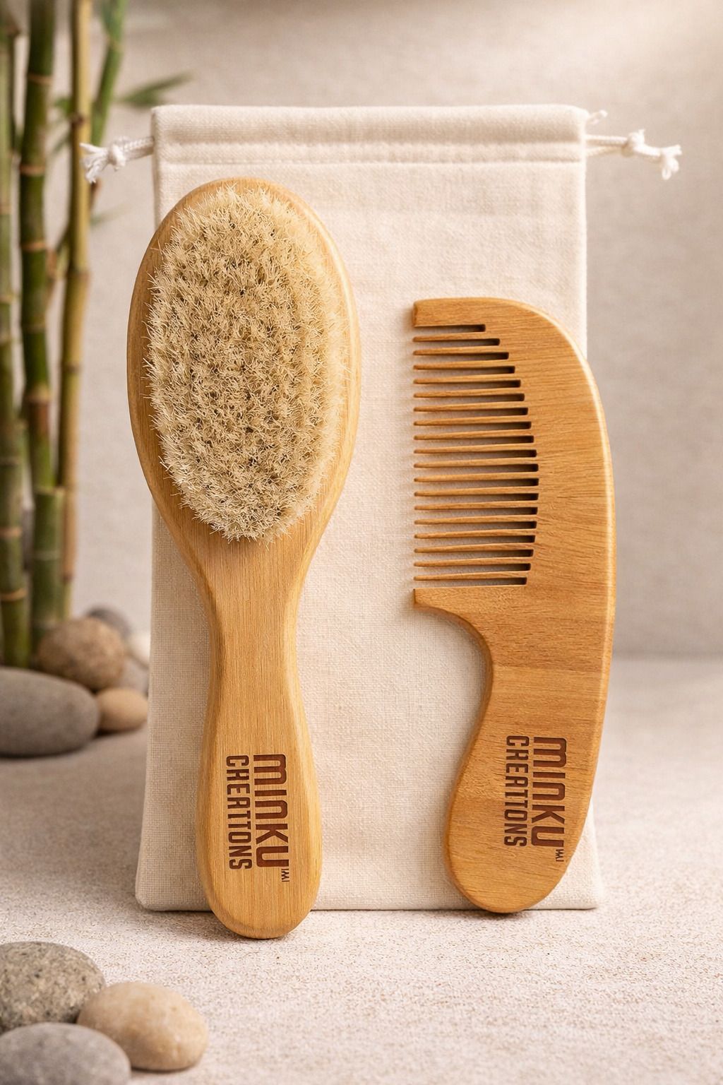 minku creations Gentle Scalp Care for Newborns- Natural wooden Comb & Brush Set-picture-18