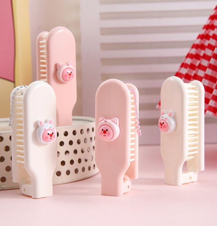 Folding Hair Brush with Cute Character Boys & Girls (Pink+White, Pack of 2)-image-12
