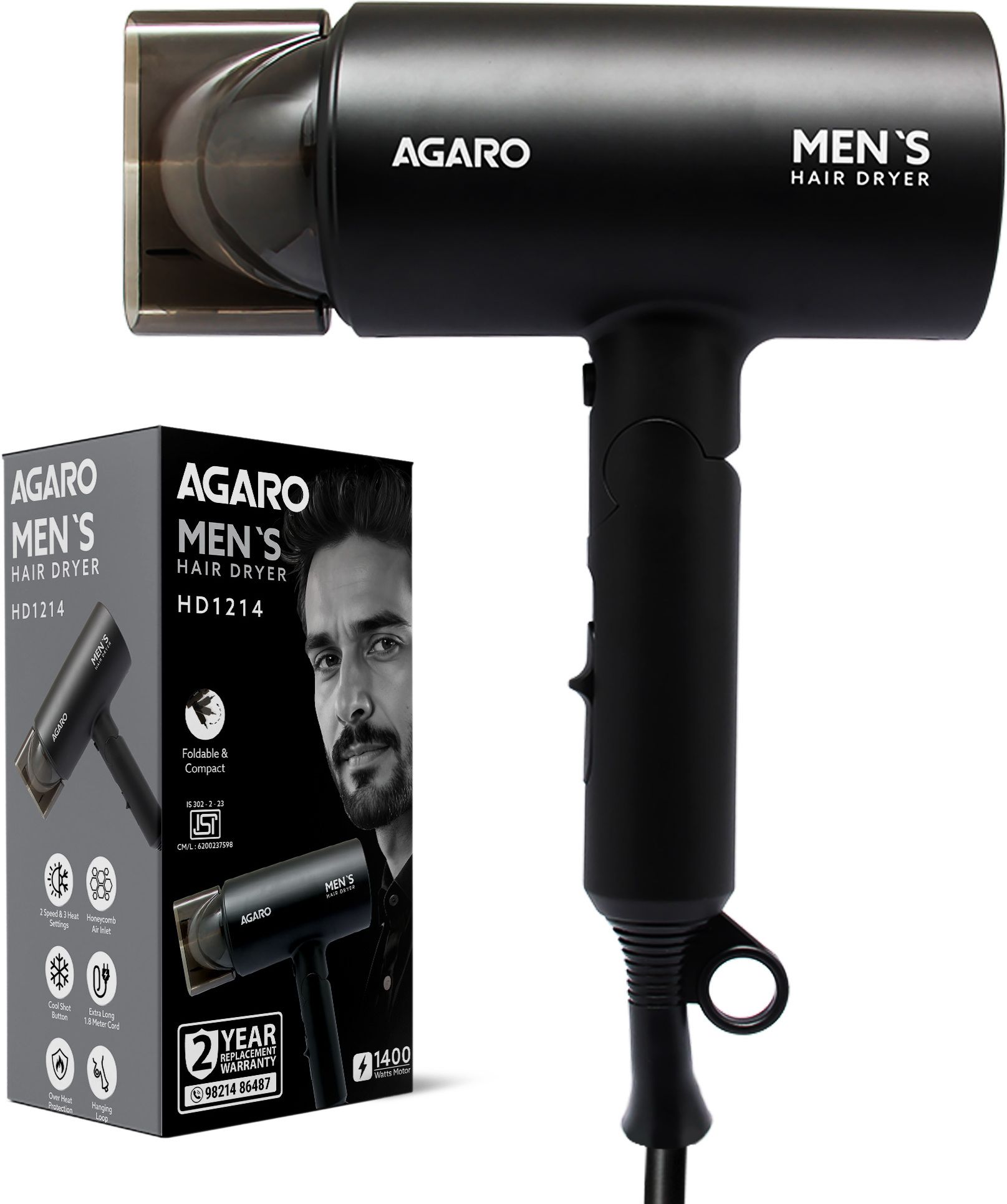 AGARO Premium Hair Dryer for Men, 1400W, 3 Temp Settings & Cool Shot, Black Hair Dryer