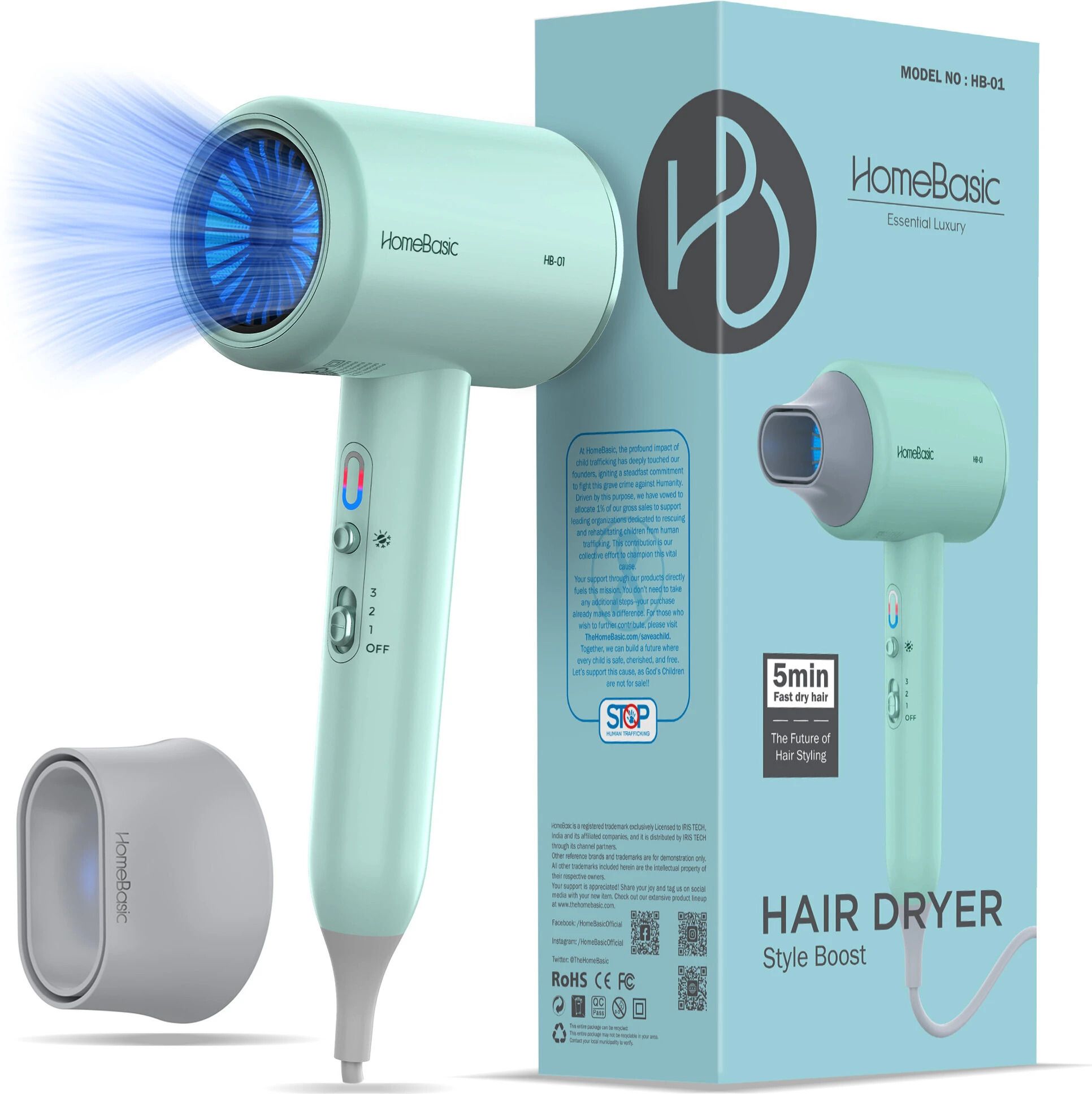 HOMEBASIC Precise Air Flow 3 Speeds, Hot/Cold, Overheat Protection, LED Monitor 5-Minute Hair Dryer-image-48