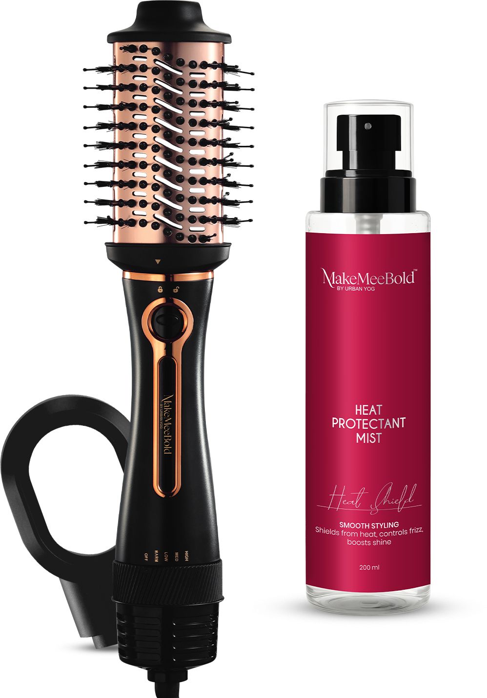 MakeMeeBold Combo of 3-in-1 Hot Air Brush & Heat Protectant Spray | Hair Straightener Brush