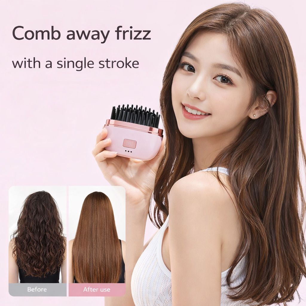 QOZWEID hair straightener brush mini hair straightener comb travel friendly mini cordless rechargeable portable wireless hair straightener comb Hair Straightener-image-2