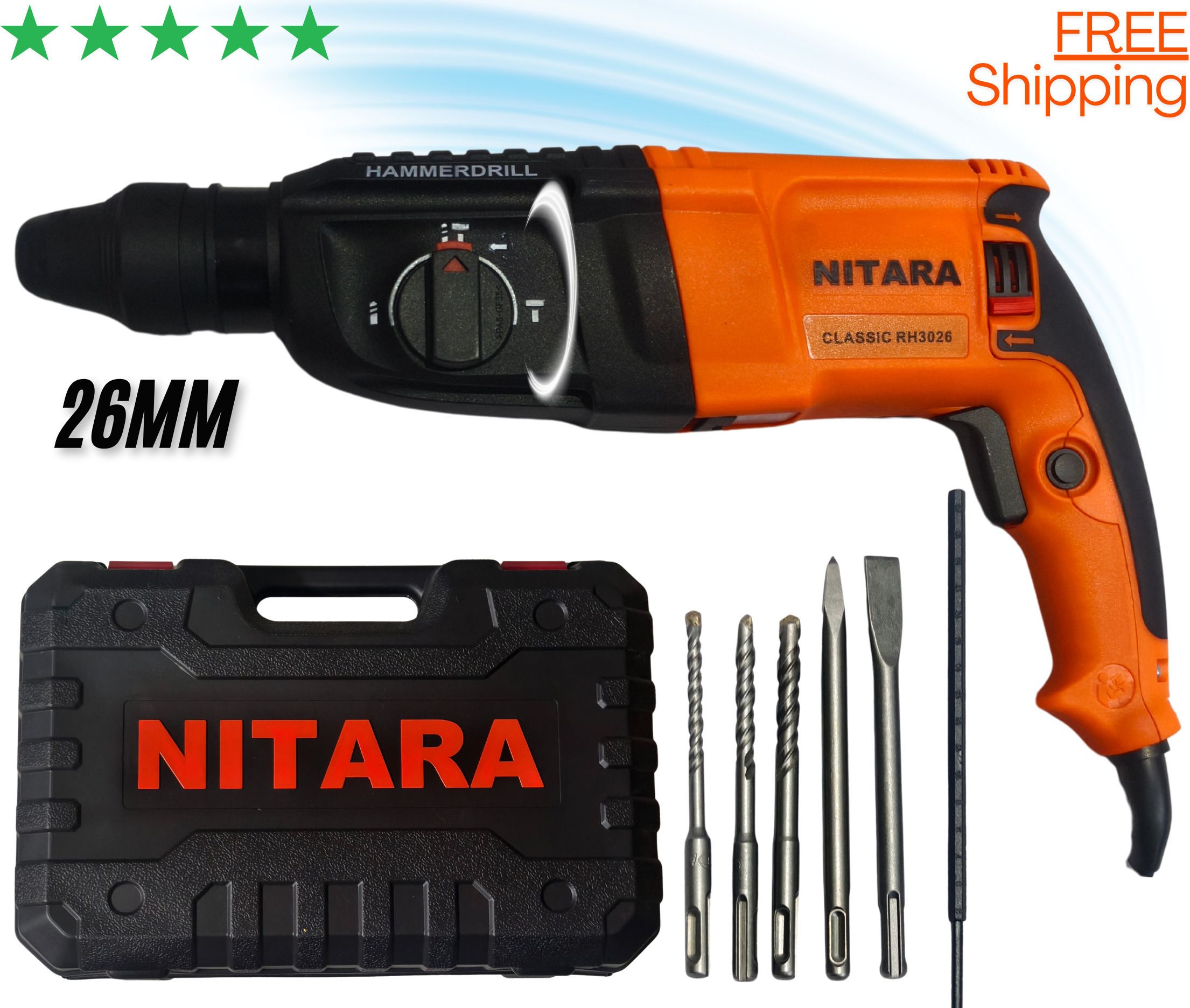 "Original" 26mm "100% Copper Motor "3-in-1" Multi-Function with 5pcs bits Rotary Hammer Drill machine 26mm 1200W copper wire motor home and professional Rotary Hammer Drill-image-21