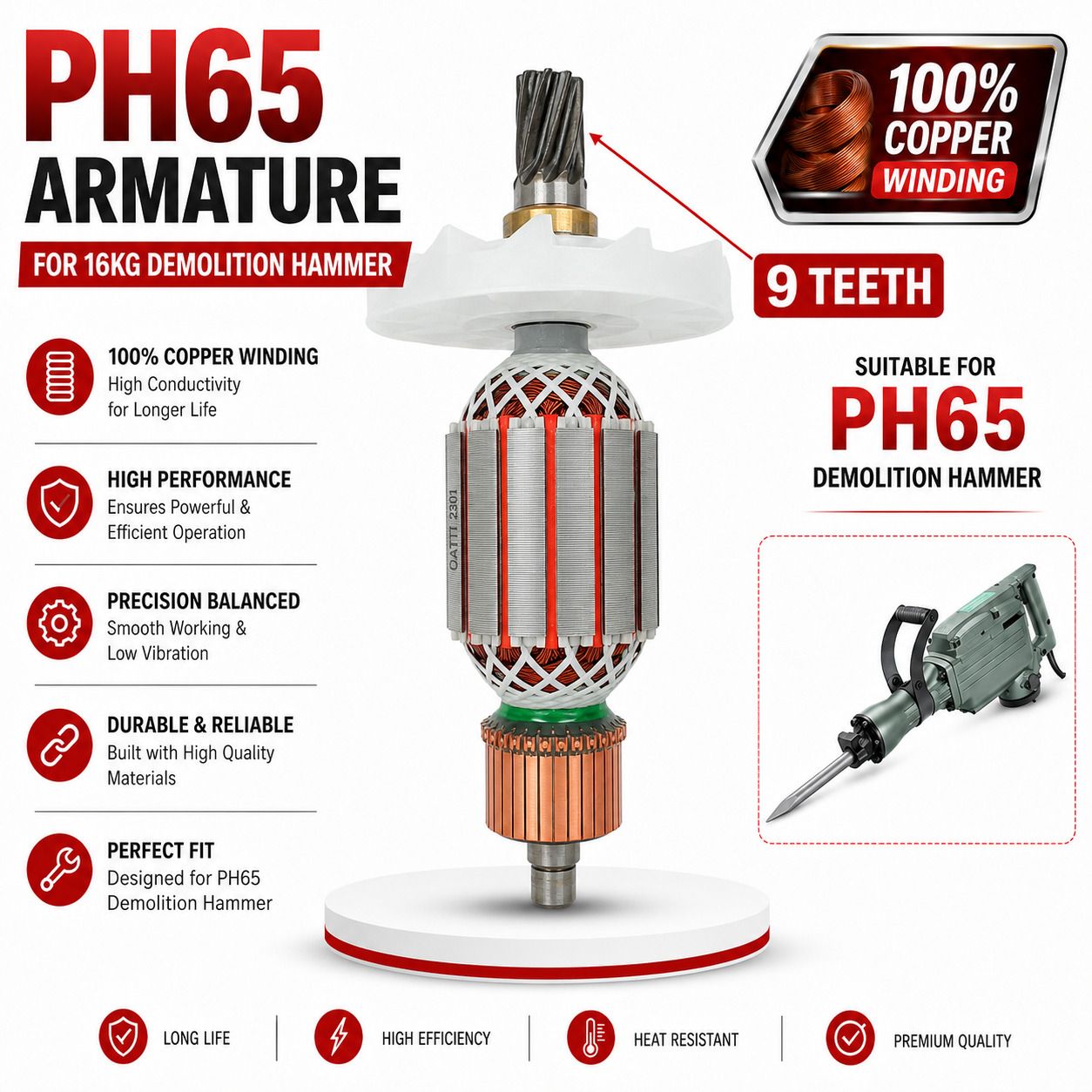 PH65 Demolition Hammer Armature | 100% Copper Winding | 9 Teeth | Heavy Duty 16KG Demolition Hammer Motor | Hammer Drill-image-14