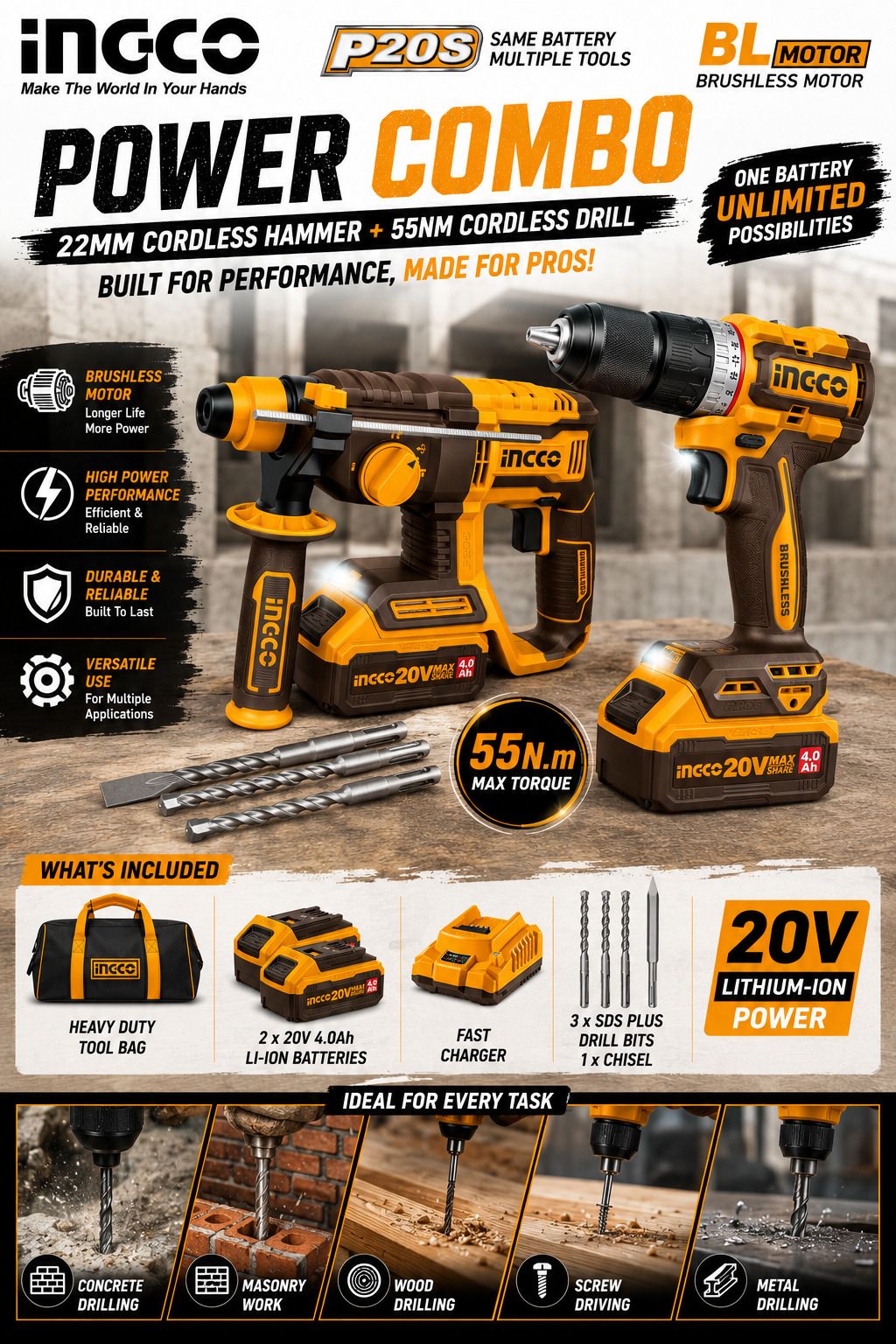 INGCO 2PCS COMBO ( Cordless Drill + Hammer Drill-image-19
