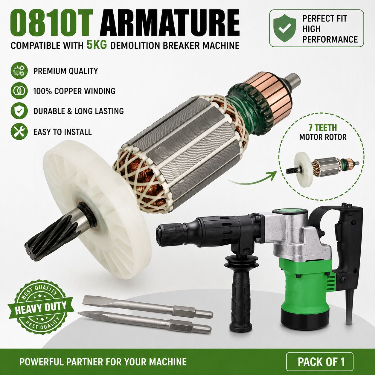 0810T Armature Compatible with 5KG Demolition Hammer Breaker Machine | 7 Teeth Motor Rotor | 100% Copper Winding Heavy Duty Spare Part | Pack of 1 Hammer Drill-image-24