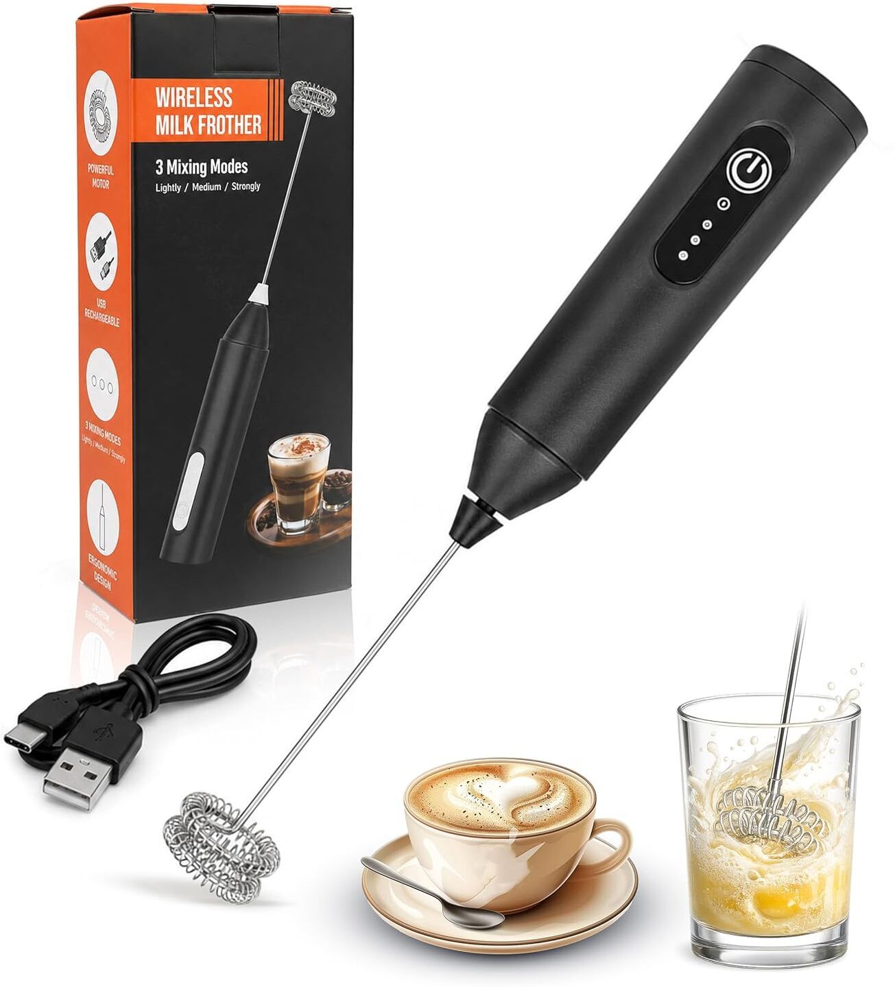 50 W Rechargeable Milk Frother Handheld Electric Coffee Whisk & Beater Black Hand Blender, Electric Whisk-image-8