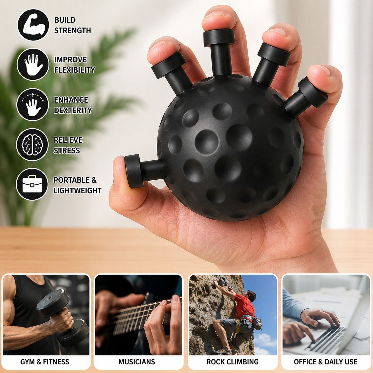 Radhu Workout Trainer Finger Strength Trainer | Forearm & Wrist Exerciser | Grip Strength Training Ball for Men & Women | Stress Relief & Hand Exercise | Black-image-3