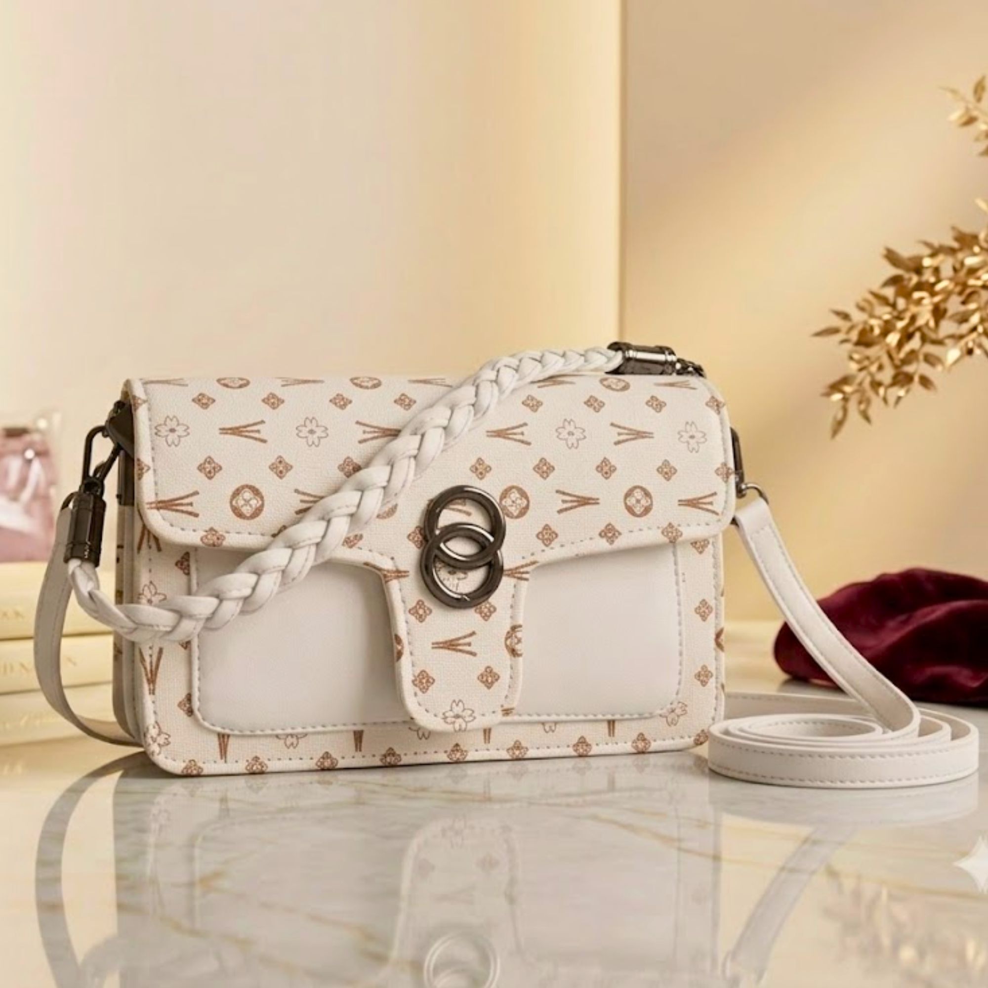 Beige Women Sling Bag Women White Printed PU Leather Sling Bag Crossbody Shoulder Bag for Girls Ladies-image-2