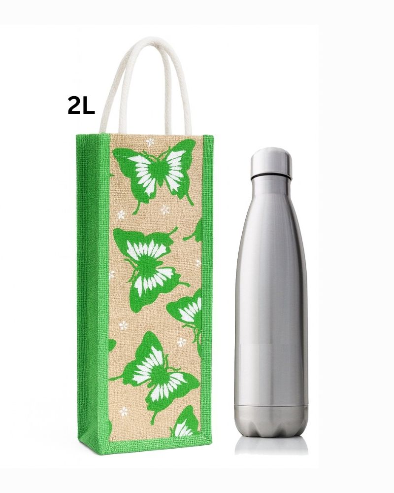 Green butterfly printed Jute 2 Litre Bottle Bag-image-33