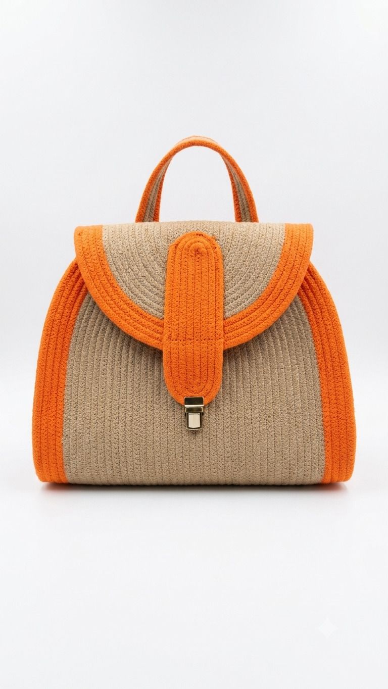 Small 5 L Backpack Handmade Cotton Dori Braided Backpack | Tan Brown & Bold Orange Trim-image-7