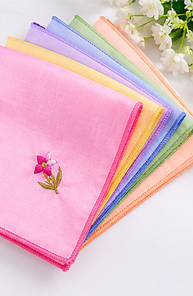 The Vidz Women's Soft Cotton Handkerchief Set of 12 | Embroidered Floral Handkerchiefs ["Pink","Yellow","Green","Peach","Lavender","Blue"] Handkerchief-picture-16