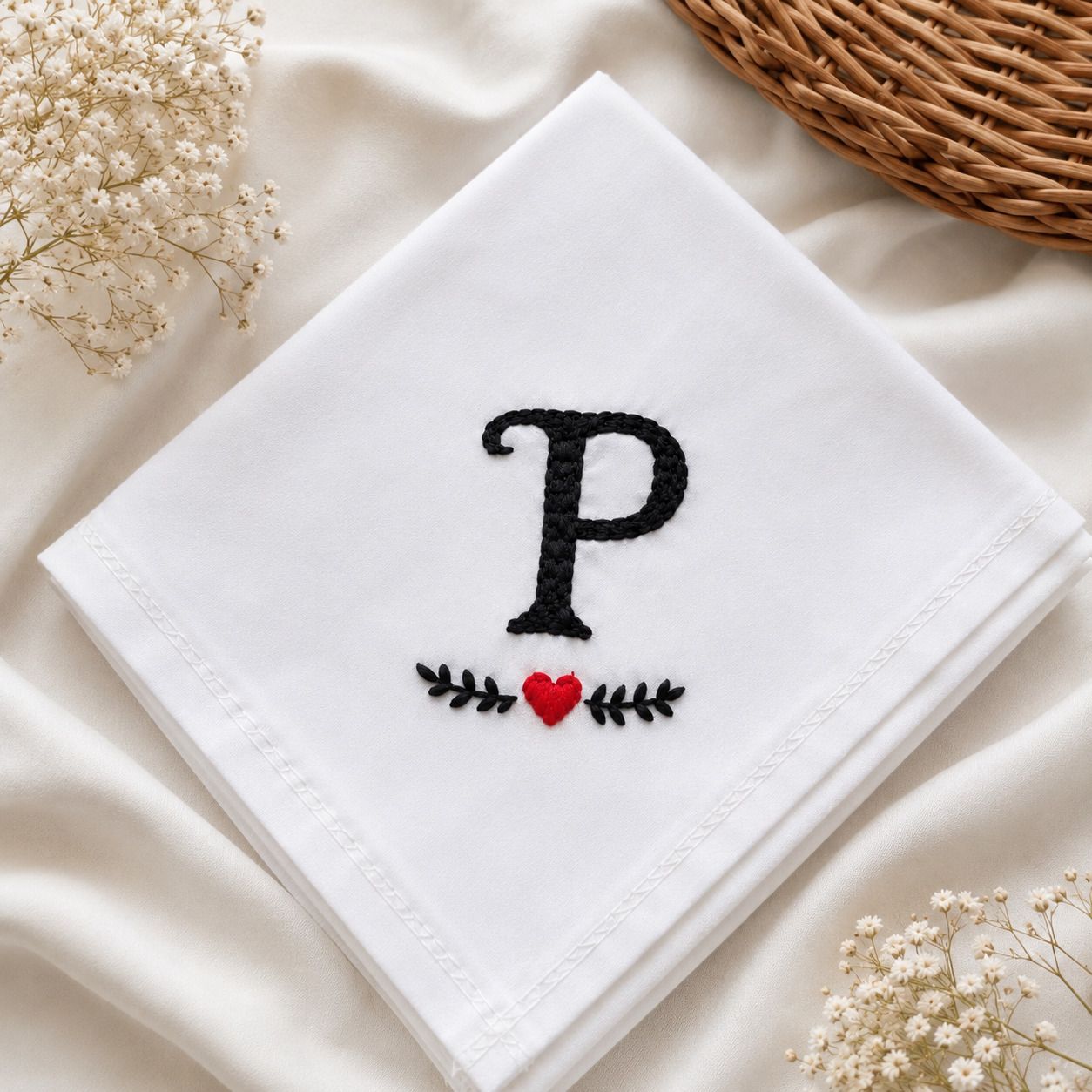 JEEN MATA Hand Embroidered Monogram Cotton Handkerchief | Letter "P" Initial Hanky ["White"] Handkerchief-image-28
