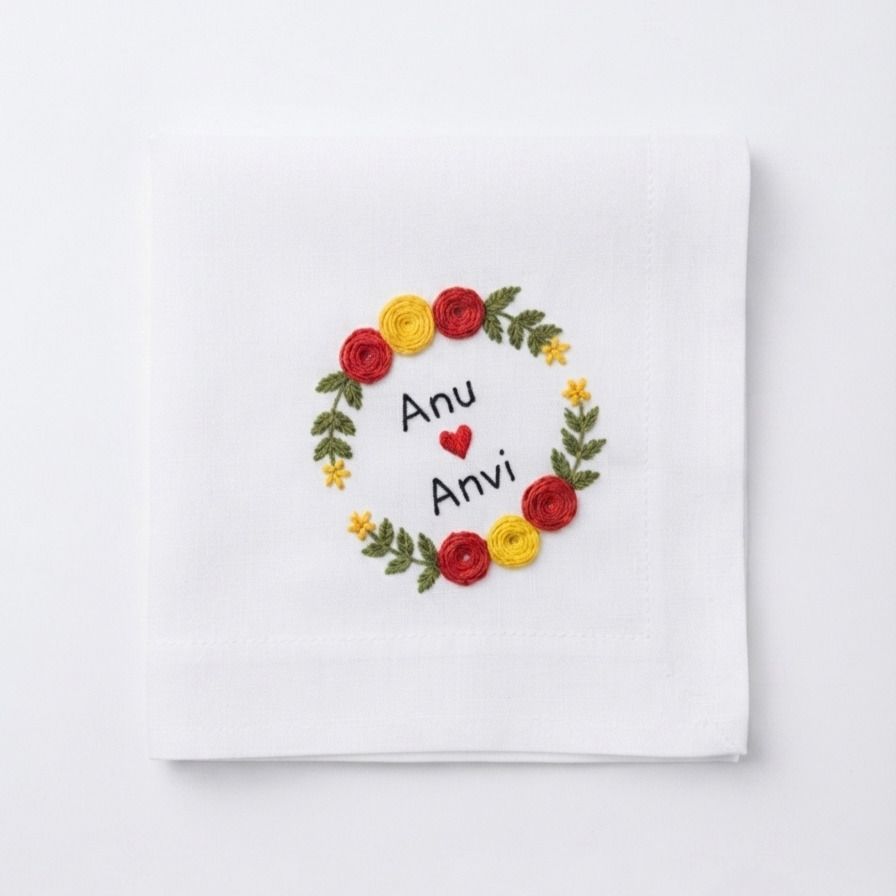 CHHAVIKA Floral Personalized Floral Wreath Couple Name Embroidered Cotton Handkerchief ["White"] Handkerchief-image-14