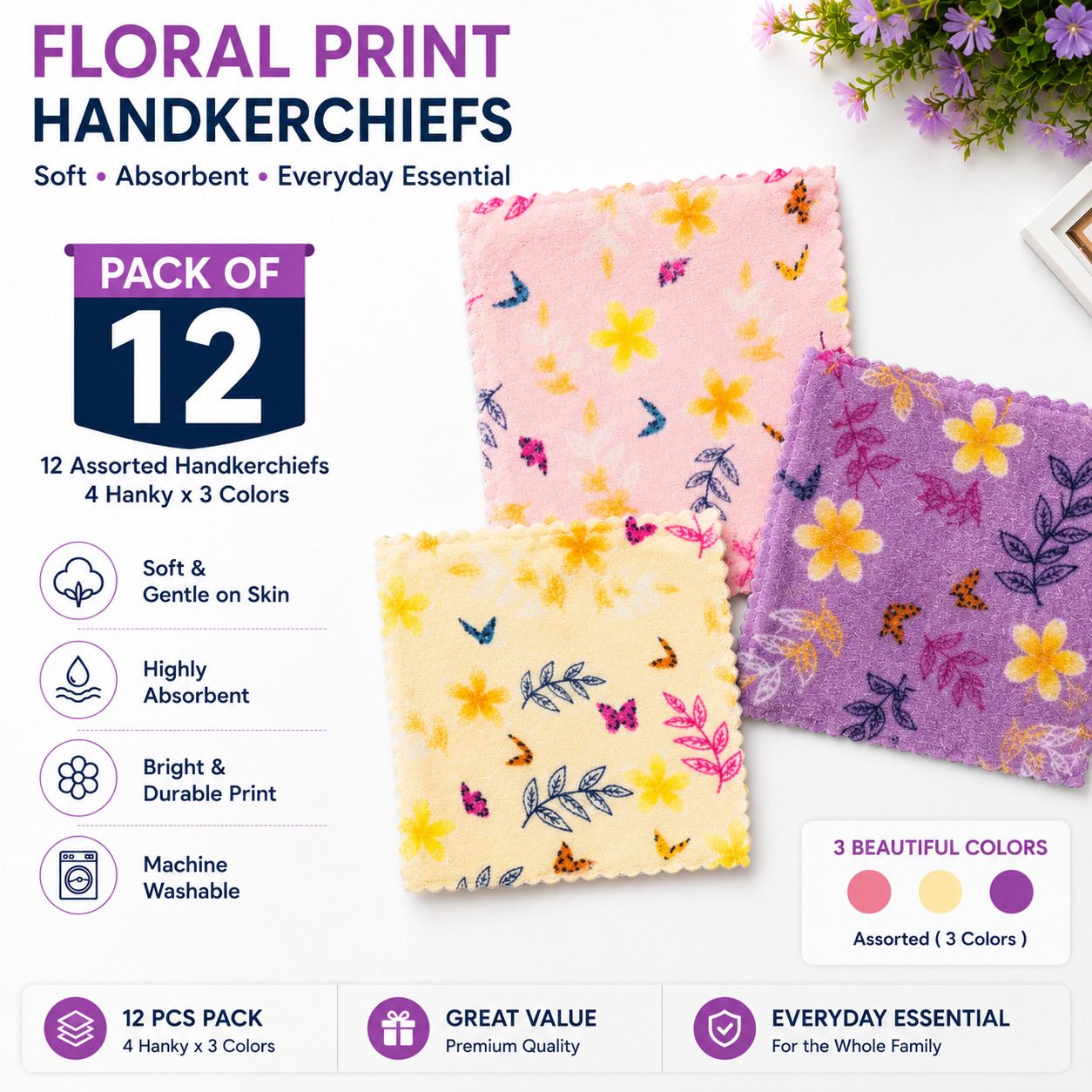 Hania fashion Cotton Multipurpose Floral Hanky | Pack of 12 | Soft, Absorbent & Gentle on Skin ["Multicolor"] Handkerchief-image-9