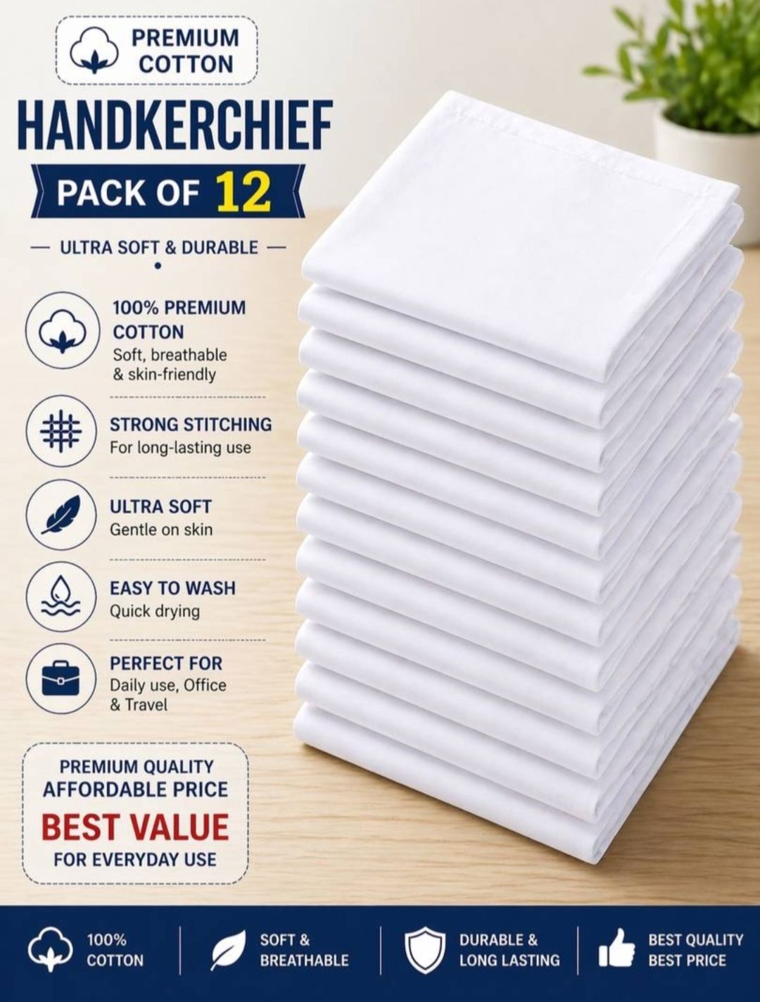 AK SHINE Men's White Cotton Handkerchief Pack of 12 Soft Absorbent Daily Use ["White"] Handkerchief-picture-19