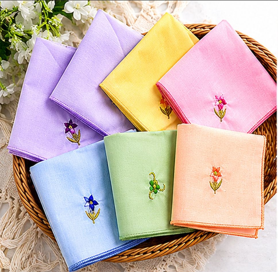 The Vidz Ladies Embroidered Cotton Handkerchiefs Pack of 12 | Floral Design Hankies ["Pink","Yellow","Green","Peach","Lavender","Blue"] Handkerchief-image-31
