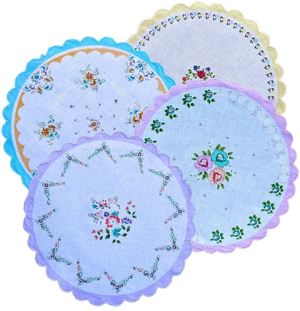 Gopika Round Soft with Scalloped Border & Floral Print (31cm) - Vintage Style Circle ["Multicolor"] Handkerchief-image-32