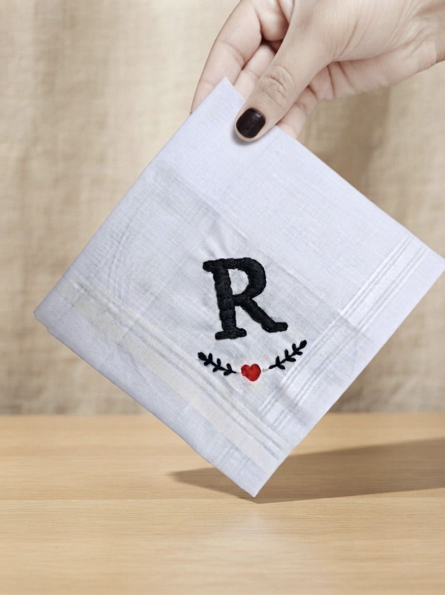 JEEN MATA Premium White Cotton Embroidered Handkerchief for Men & Women | Letter R ["White"] Handkerchief-image-17