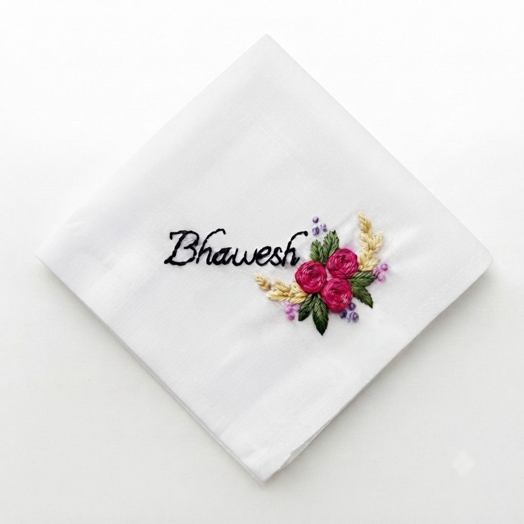 CHHAVIKA CUSTOMISED EMBROIDERED HANDKERCHIEF FOR MEN NAME AND FLORAL DESIGN ["White"] Handkerchief-image-34