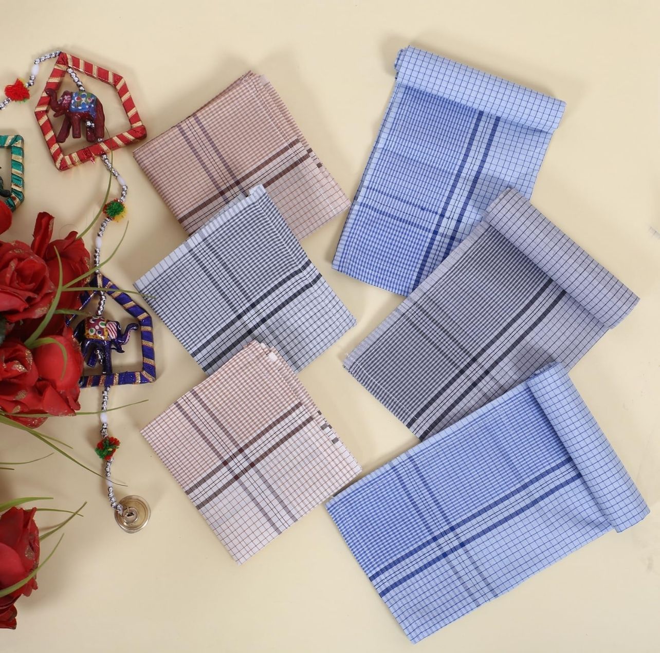 WINNIE HANKIES Mens Cotton Handkerchief |Colour Checked Rumal| Pack of 6 ["Blue brown grey"] Handkerchief-image-48