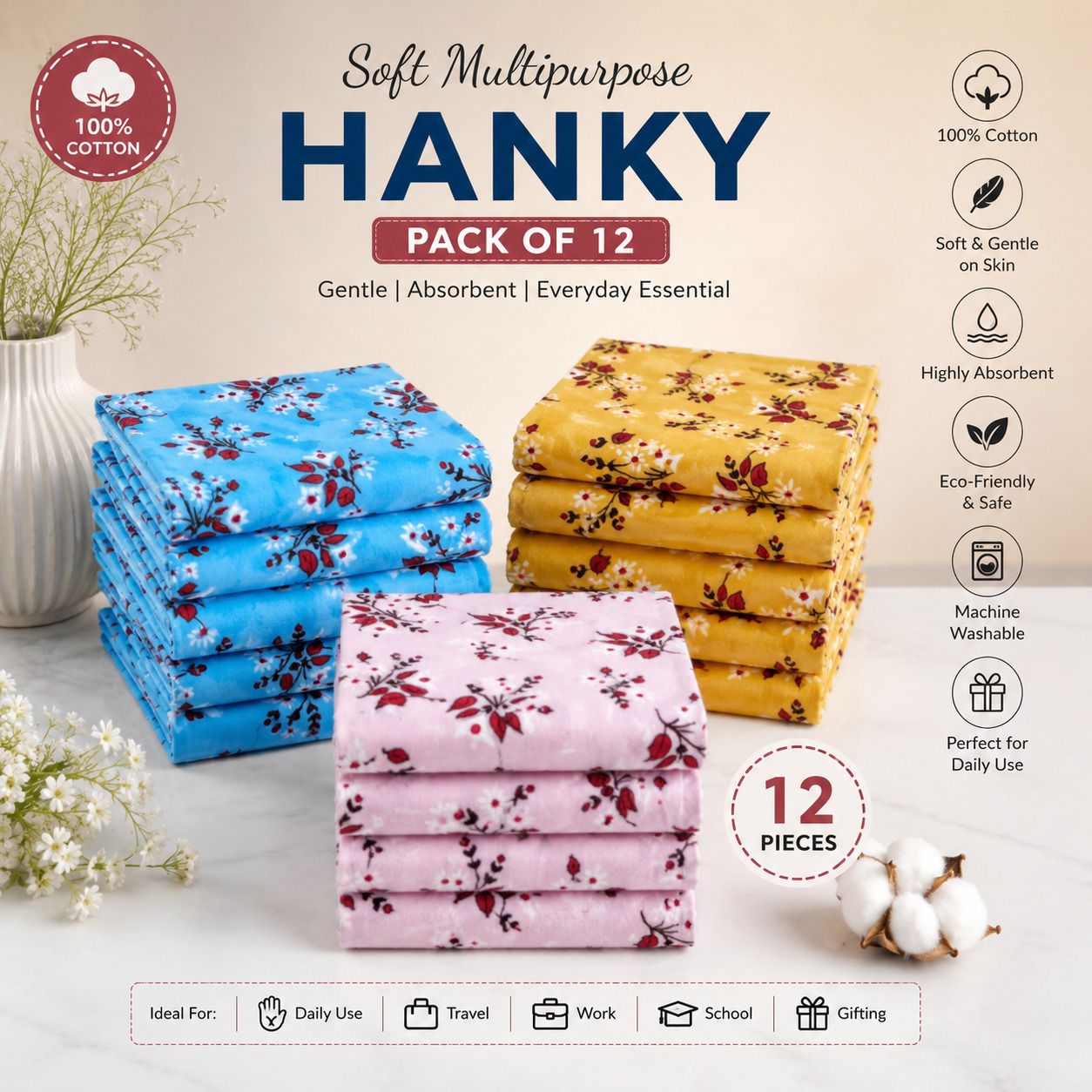 Hania fashion Cotton Multipurpose Floral Hanky | Pack of 12 | Soft, Absorbent & Gentle on Skin ["Multicolor"] Handkerchief-image-8