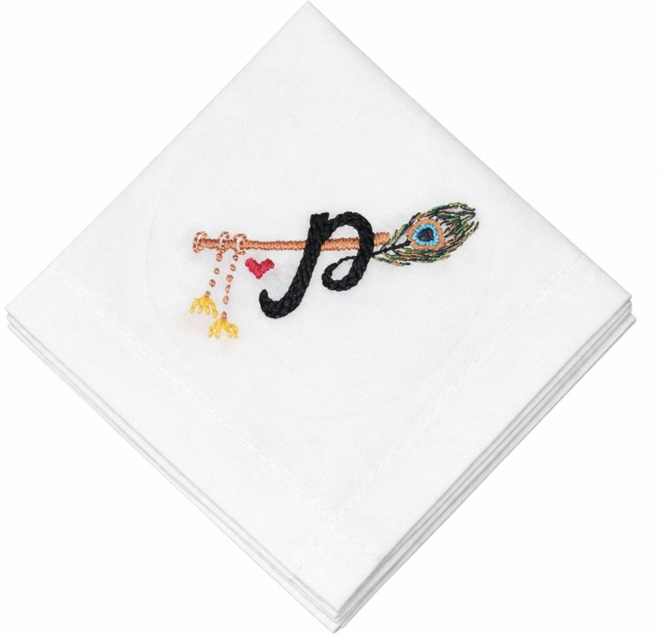 CHHAVIKA Premium Customised Embroidered Napkin with Flute & Peacock Feather Design ["White"] Handkerchief-image-26