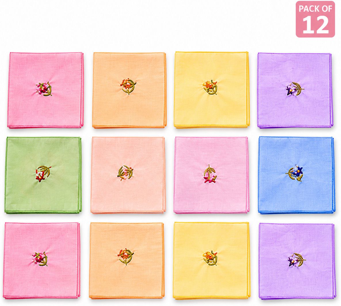 The Vidz Ladies Cotton Hankies Pack of 12 | Elegant Floral Embroidery Handkerchiefs ["Pink","Yellow","Green","Peach","Lavender","Blue"] Handkerchief-image-32