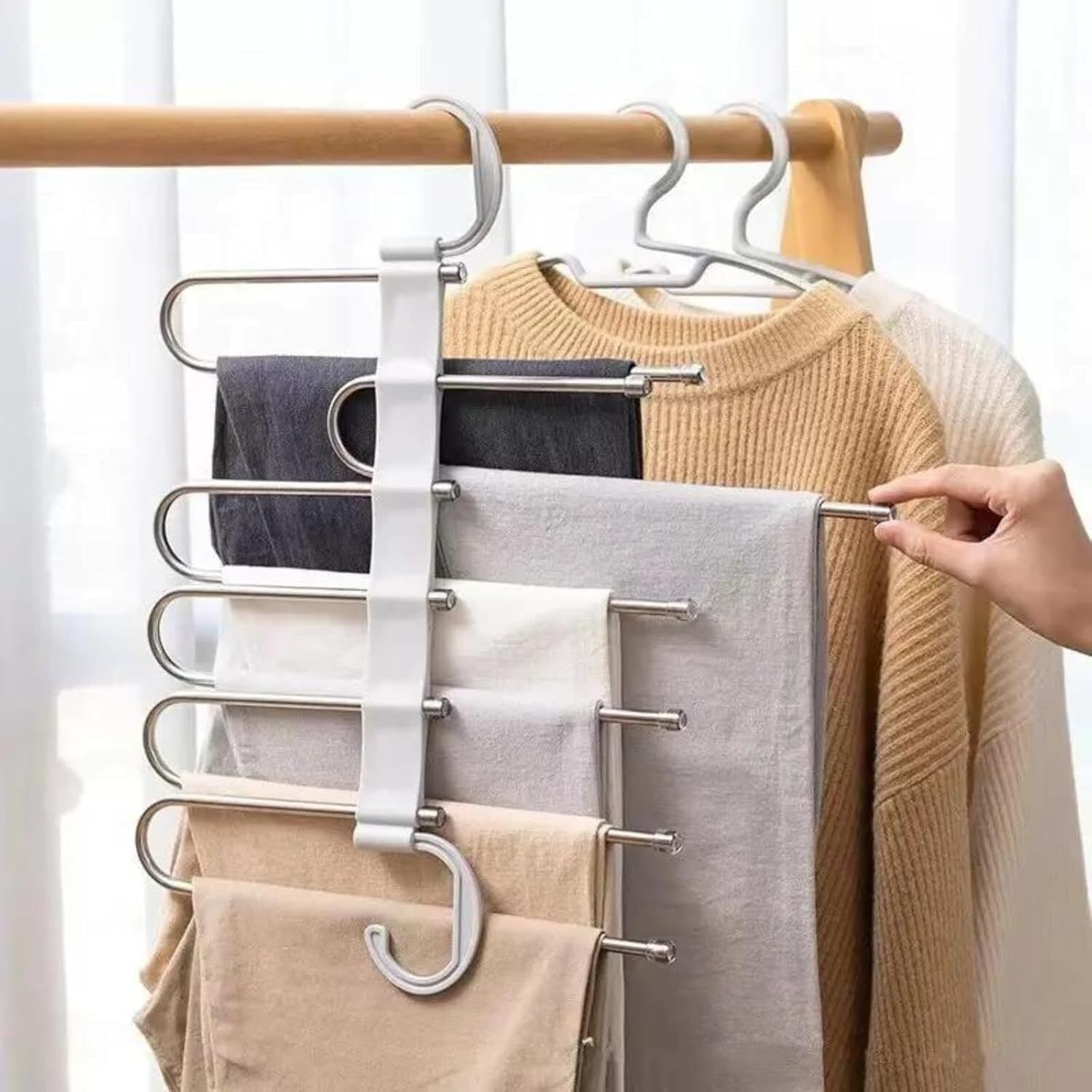 uniquecollec 5 in 1 Foldable Stainless Steel Hanger for Wardrobe Space Saving Steel Dress Hanger For Dress-picture-26