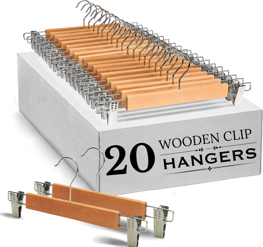 Wooden Trousers Bottom Hanger with 2-Adjustable Clip Hangers for Jeans,Shorts Wooden Trousers Pack of 20 Hangers For Trousers-image-1