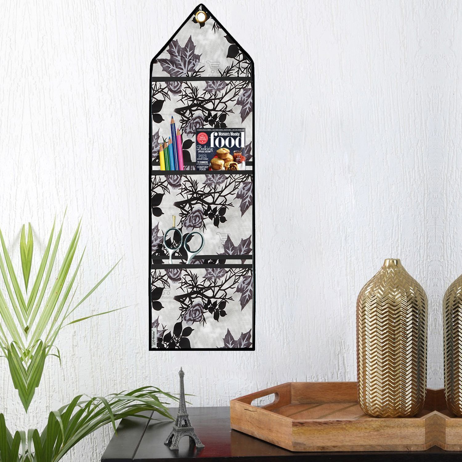Polyester Wall Hanging Storage Organizer/Magazine Letter Holder (Floral Black) Regular Organizer-image-1