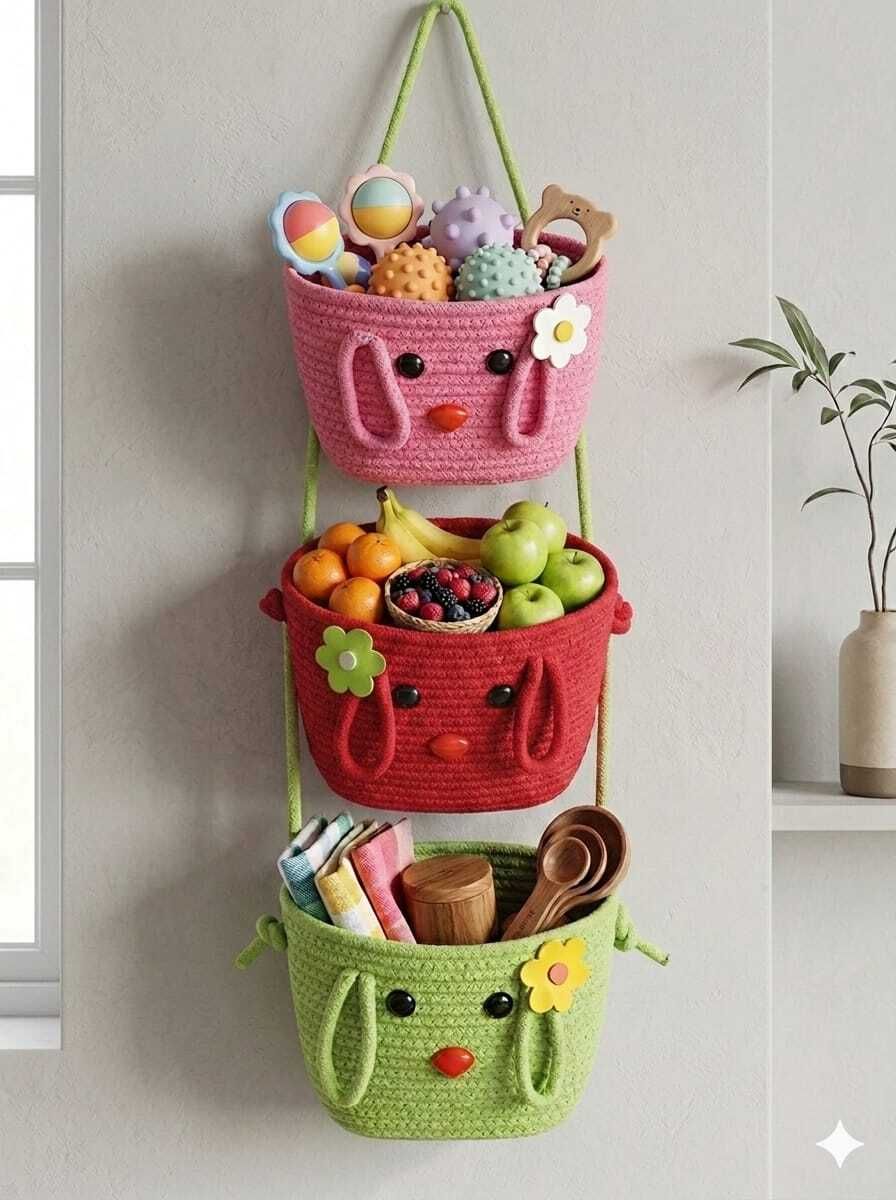 dakshita Jute 3-Tier Wall Hanging Basket Cotton Rope Organizer PAG Storage Basket-picture-39