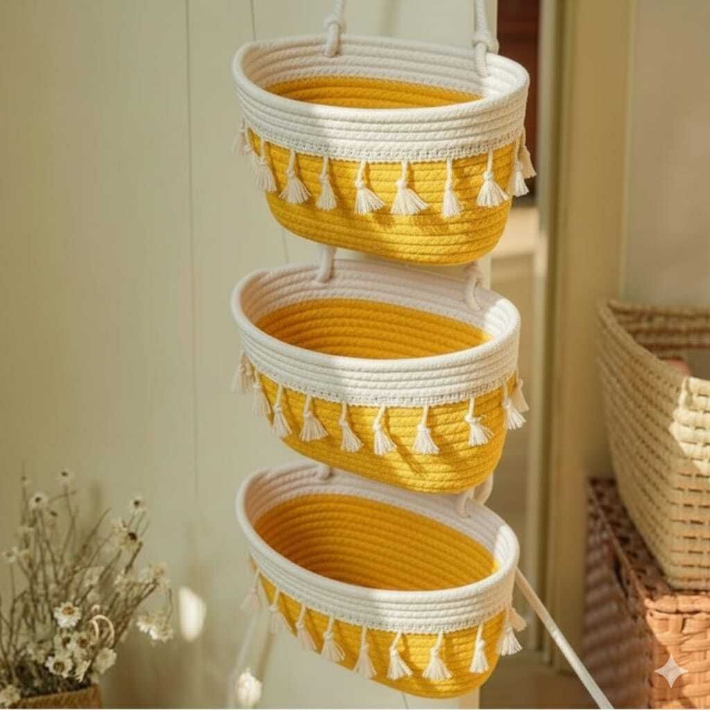 Jute 3 Piece Jute Hanging Storage Basket| Handcrafted Natural Rope Planter Holder Storage Basket-image-38