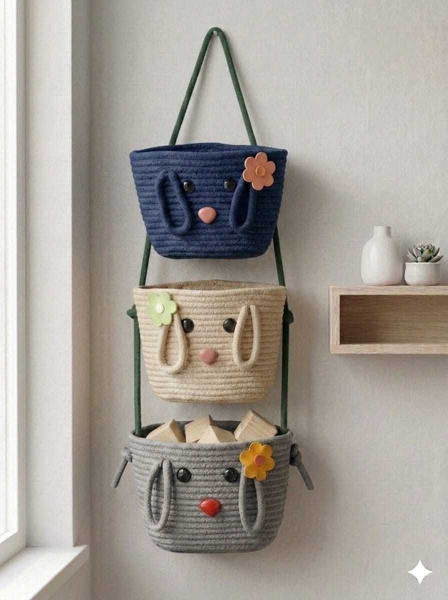 dakshita Jute 3-Tier Wall Hanging Basket Cotton Rope Organizer PYG Storage Basket-picture-47